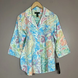 Ralph Lauren Women's 3/4 Sleeve Pajama Button Down Top Paisley Floral Multicolor - Picture 1 of 10