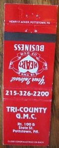 GMC CAR DEALER MATCHBOOK COVER: TRI-COUNTY (POTTSTOWN, PENNSYLVANIA) -E11 - Picture 1 of 1