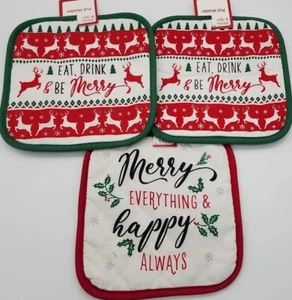 Holiday Style Christmas Kitchen Pot Holders Hot Pads Set of 3 Red Green NWT - Picture 1 of 2