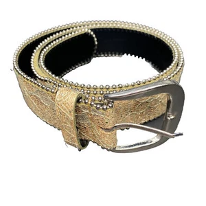 VTG Y2K Gold/Black Beaded Lace Mesh Leather Kids Girls Belt M/L Sliver Buckle - Picture 1 of 5