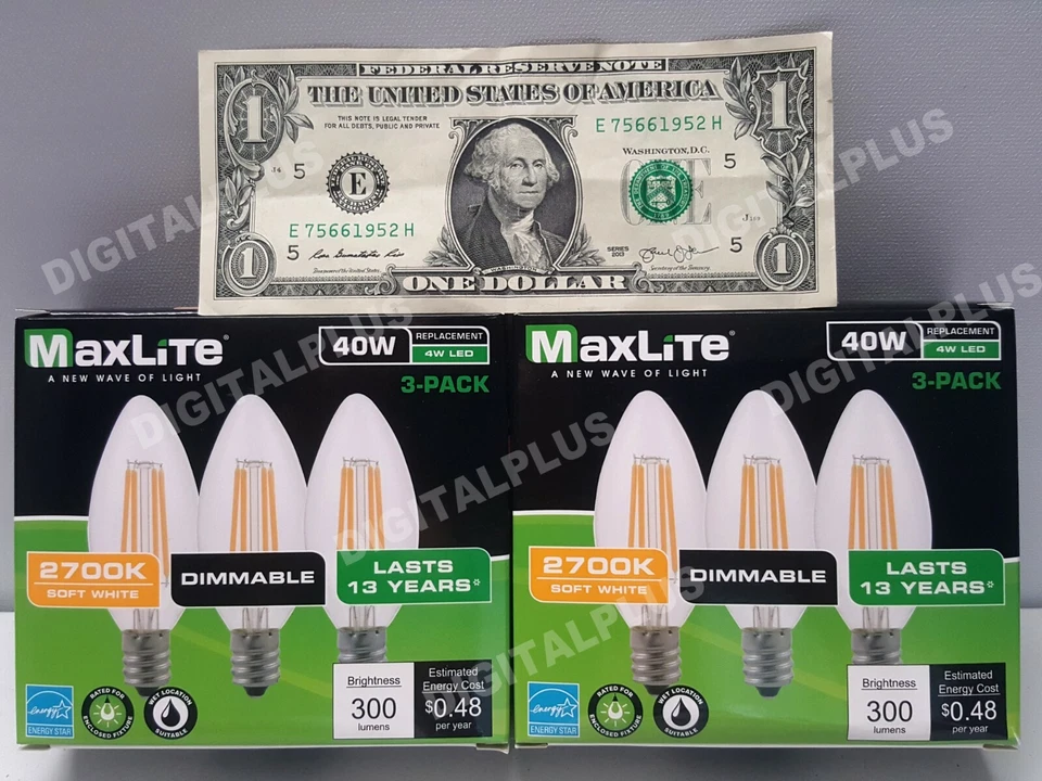 6 pack B10 LED Light Bulbs 2700k 40W 300L Equivalent C12 E12 Candelabra Dimmable - Image 1 of 4