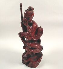 Vintage Chinese Oriental Hand Carved Wooden Figure Fisherman & Catch Glass Eyes