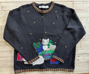 Suéter De Colección Victoria Jones Cosido Cuentas Negro Feo Navidad Gato Regalos L - Imagen 1 de 7