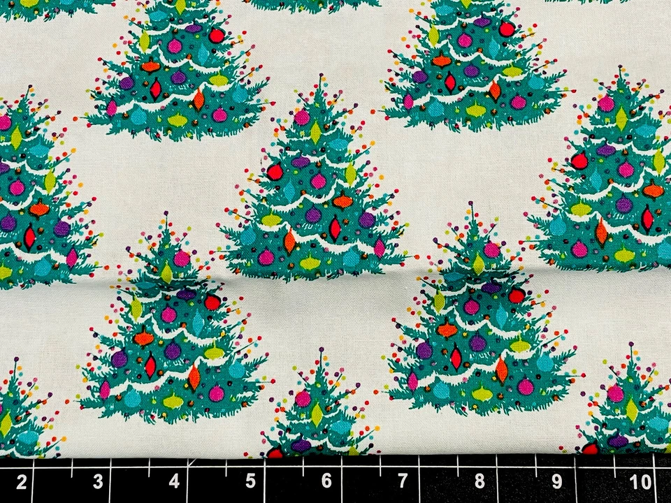 Tina Scrap 9"x21" Christmas Decorated Pastel Trees Ornament Lights Fabric Cotton - Image 1 of 1