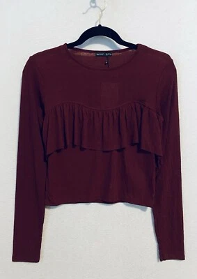 Zara Top 女式中号栗色荷叶边短网眼浪漫女性仙女 Y2K — 第 1/4 张图片