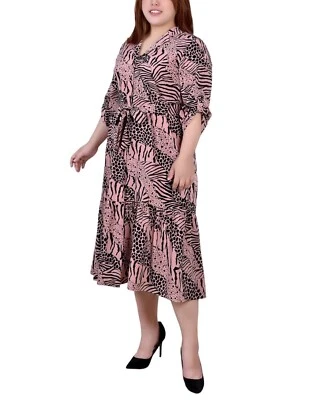 NY Collection NWT Women Plus 2X Pink Animal Print Long Sleeve Tiered Dress Belt - Image 1 of 4