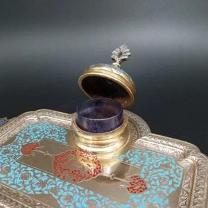 Antique French Gilded Brass Desk Inkwell Enamel Champlevé 19th Century - Picture 1 of 10