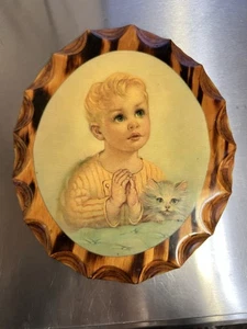 Stampa artistica vintage Firenze Kroger ragazzo che prega con gattino su legno 11,5” x 10” - Foto 1 di 4