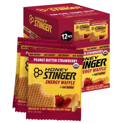Paquete de 12 gofres energéticos sin gluten Honey Stinger mantequilla de maní fresa Foto 1 de 2