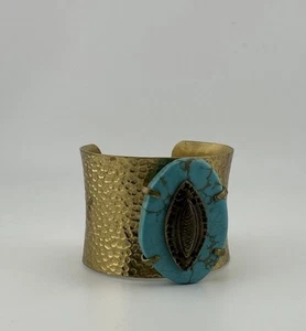Hammered Faux Turquoise Brass Tone Vintage Cuff Bracelet 2.25” - Picture 1 of 8