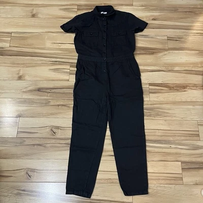 Outerknown 女式 S 码黑色连身裤 S.E.A. 有机棉亚麻混纺纽扣 — 第 1/4 张图片