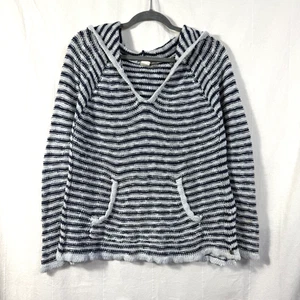 Roxy Hooded Sweater Women Sz L Blue/White Striped Long Sleeve Open Knit Pullover - Picture 1 of 10