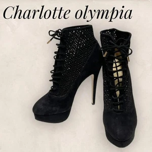 Charlotte Olympia Black Lace Short Boots Size 38.5 US8.5 Y2K - Picture 1 of 17