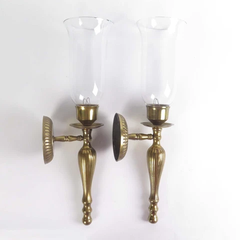 Vintage Brass Wall Sconces Candle Pair Glass Chimney Cover