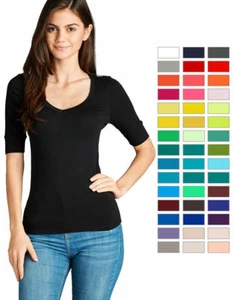 Women's Basic V-Neck Elbow Sleeve T-Shirt Short Sleeve Stretchy Top Reg & Plus