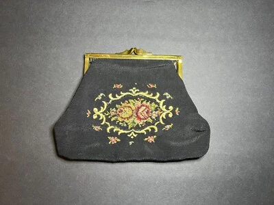Vintage Black Satin Floral Needlepoint Petit Coin Purse Pouch w/ Gold Lining - Image 1 of 4
