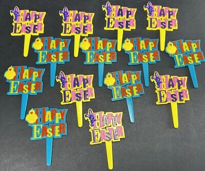14 Vintage DecoPic Happy Easter Yellow & Blue Cupcake Picks Decor Cake Topper - Image 1 of 4
