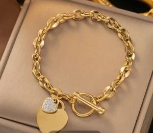 Elegant Gold Plated Heart Charm Bracelet - Women's Titanium Steel Toggle Clasp B - Picture 1 of 1