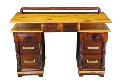 Antiguo escritorio de biblioteca de pino caoba llama Art Deco Imperio Americano 49" Foto 1 de 4