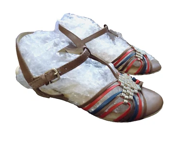 Softspots 2" Heel Wedge Brown Red Teal gold beaded T Strap Open Toe Sandals sz 6 - Image 1 of 4