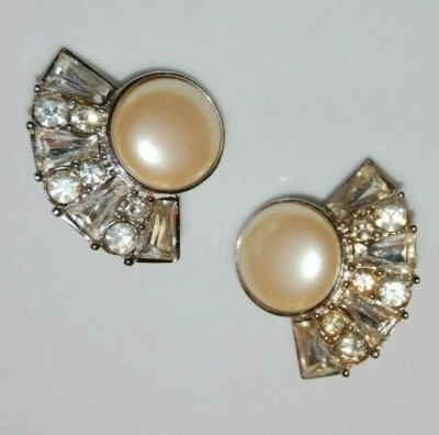 VTG YSL YVES ST LAURENT FAUX PEARL CABOCHON CRYSTALS SILVERED FAN CLIP EARRINGS - Image 1 of 4