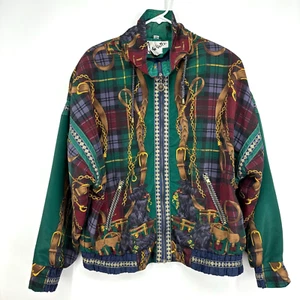 John Weitz Womens Size XL Zip Front Jacket Dog Leash Plaid Status Print Vintage - Picture 1 of 14