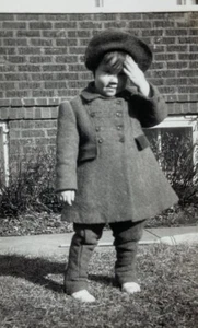 Girl In Coat & Hat Hand Blocking Sun From Eyes B&W Photograph 2.75 x 4.5 - Picture 1 of 3