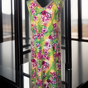 Mama Hawaiian Floral Yellow White Palms Red Hibiscus And Pink Tie Dress Med - Picture 1 of 14