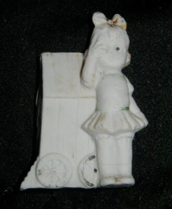 OLD GERMAN PORCELAIN BISQUE FIGURAL MATCH HOLDER, GIRL w HOUSE ON WHEELS - Picture 1 of 3