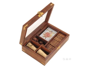 Game Set Dominoes Dice w/ Brass Shaker Cups Playing Cards 8" Wooden Case New - Picture 1 of 9