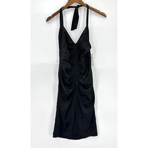 BCBGMAXAZRIA Dress Womens Halter Bodycon Ruched Silk Lined V-Neck Black 0 NWT - Picture 1 of 9