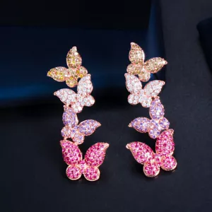 925 Silver Butterfly Long Drop Dangle Earrings Rose Gold Plated CZ Multicolored - Picture 1 of 12