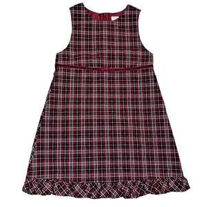 Girls vintage GYMBOREE burgundy black plaid jumper 5 Christmas dress white 2002 - Picture 1 of 4