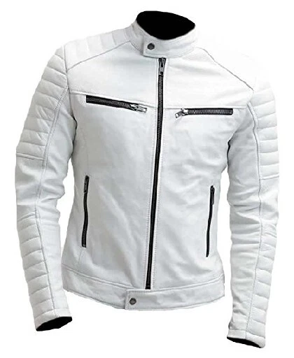 Chaqueta de cuero genuino blanca de motociclista para hombre chaqueta elegante ajustada Foto 1 de 1