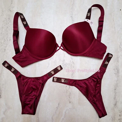 Victoria's Secret Bombshell 2 cups Push Up Bra Set shine panties thong red 96O5 - Image 1 of 4