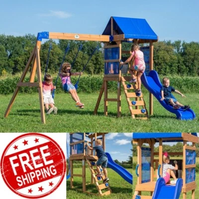 Juego de columpios de madera de cedro para niños al aire libre con escalera de pared de roca deslizable para casa club Foto 1 de 4