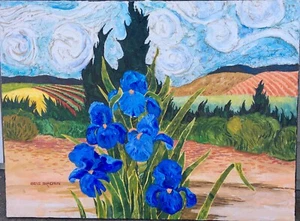 Vtg Orig. Painting 'Irises with a View,' after Van Gough by Gene Brown, 24"x18" - Picture 1 of 4