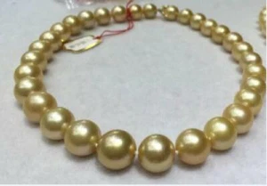 Huge 17"11-15mm genuine natural south sea gold round pearl necklace  891AAA - Picture 1 of 3