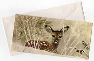 New Unused Vintage Norcross Bambi Fawn Baby Deer Chickadee Bird Christmas Card - Picture 1 of 4