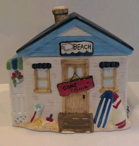 Vintage Mrs Fields Keksdose Gone Fishin' Beach House Bungalow Keramik SCHÖN - Bild 1 von 9