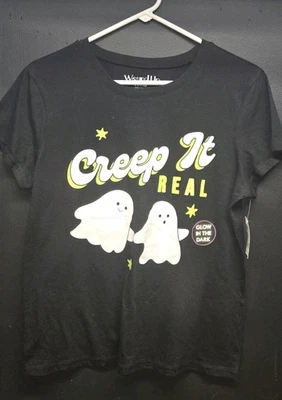 Womens (Jr's) GLOW In The Dark Black Creep it Real Halloween Ghost Tee Shirt  - Image 1 of 4