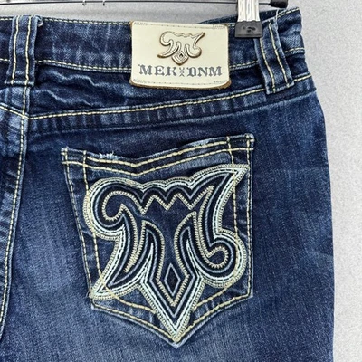 Pantalones de mezclilla para mujer MEK W29 L34 Tirana bota ajustada lavado oscuro bolsillos adornados Foto 1 de 4