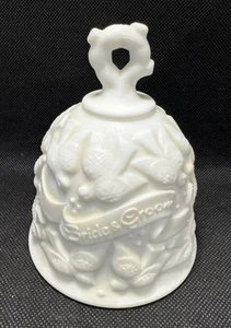 Vintage Fenton Milk Glass White Satin Bride & Groom Wedding Bell w/ Doves 5" - Picture 1 of 6