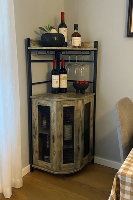Rustic Brown Industrial Corner Bar Cabinet Wine Cupboard Mesh Doors Adjustable - Image 1 of 3