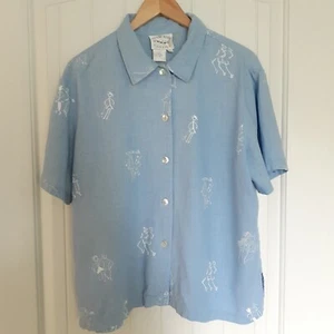 Vintage CWC donna anni 80 manica corta lino cotone novità bottoni blu taglia M - Foto 1 di 9