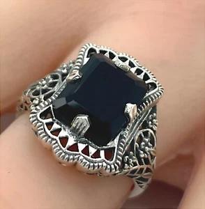 SCHWARZER ONYX VINTAGE DESIGN 925 MASSIV STERLINGSILBER FILIGRAN RING #1186 - Bild 1 von 3