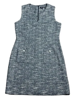 Karl Lagerfeld Paris Black Tweed Shift Dress Sz 12 V-Neck Pearl Accent Pockets - Image 1 of 4