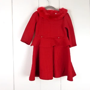 Janie and Jack Girls Dress SZ 4 Bradbury Red Faux Fur Jacquard Holiday Winter - Picture 1 of 9