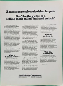 VTG Print Ad 1974 Zenith Radio Corporation Bait & Switch Color Television Buyer - Picture 1 of 1