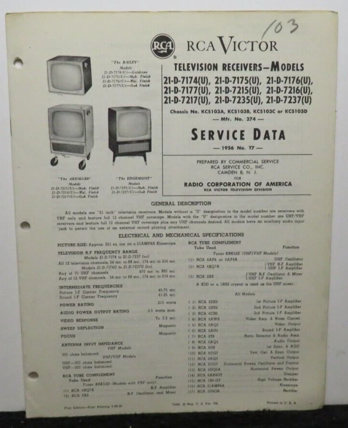 RCA VICTOR TELEVISION SERVICE DATA 1956 T7 21-D-7174 7175 -7176 KCS103A 28 PAGES - Image 1 of 1